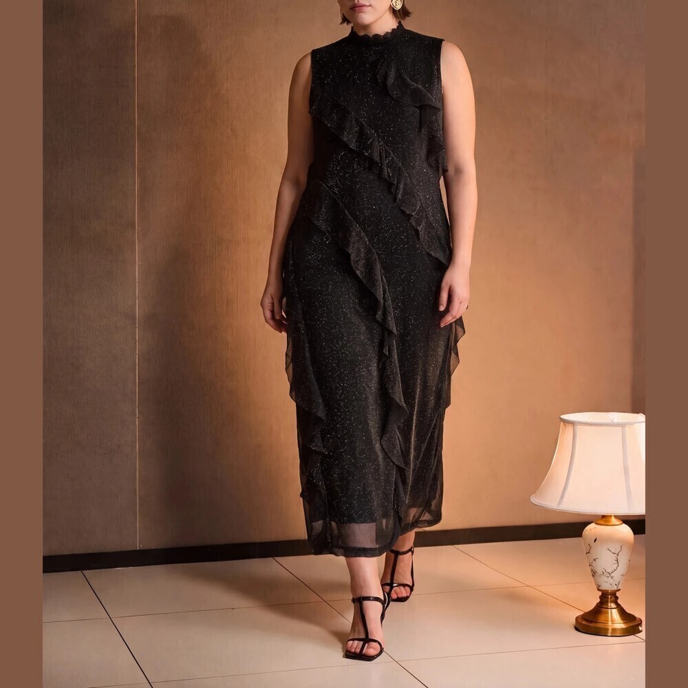Black Glitter Knit Ruffle Trim Stand Collar Sleeveless Maxi Dress